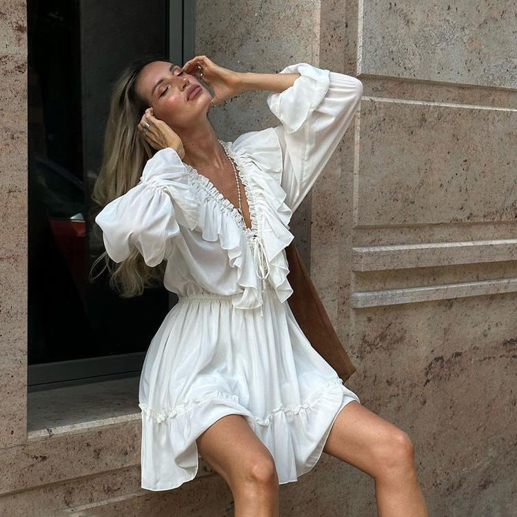 Elegant V-Neck Ruffle Sleeve Dress